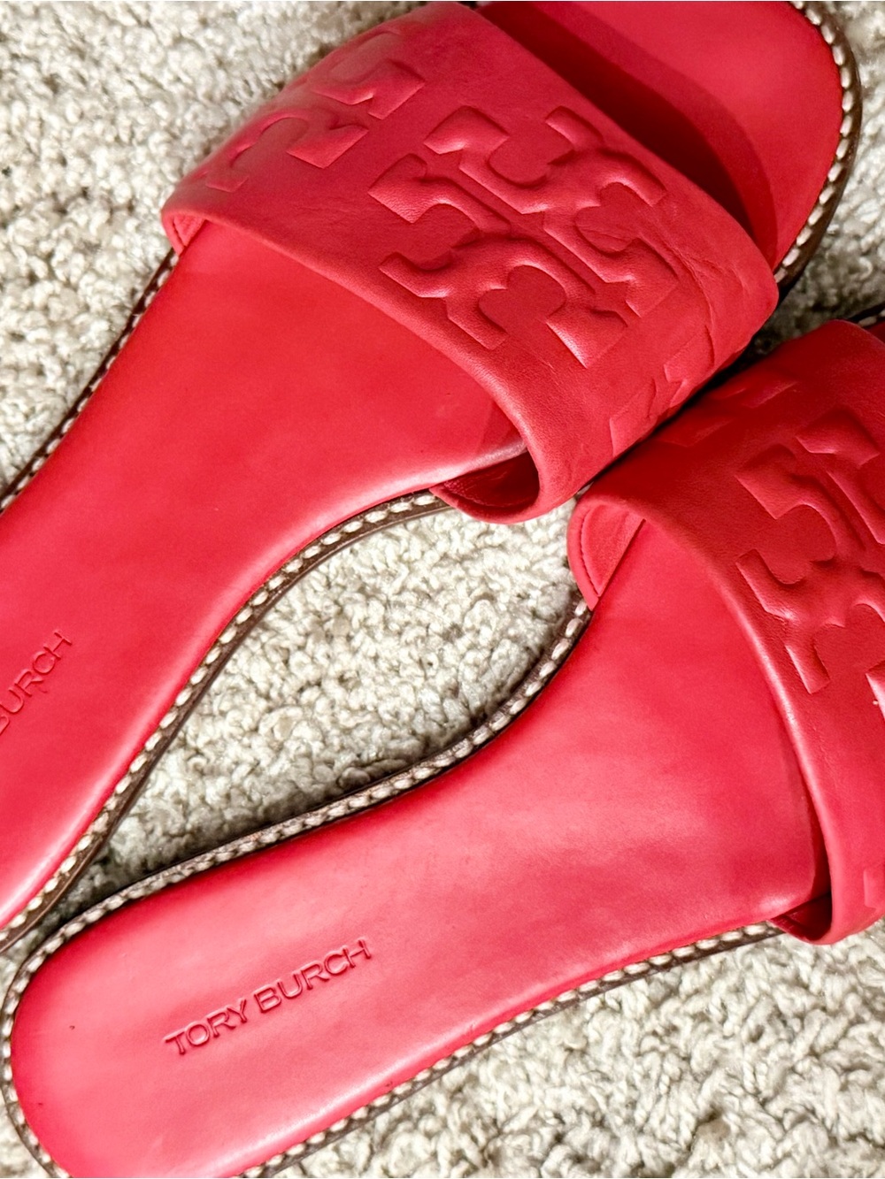 Tory Burch Red Leather Logo Slide Sandals - Picture 2 of 4